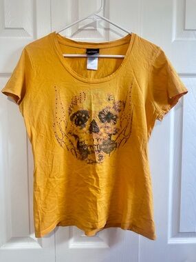 Harley-Davidson Yellow Floral Skull Short Sleeve Tee